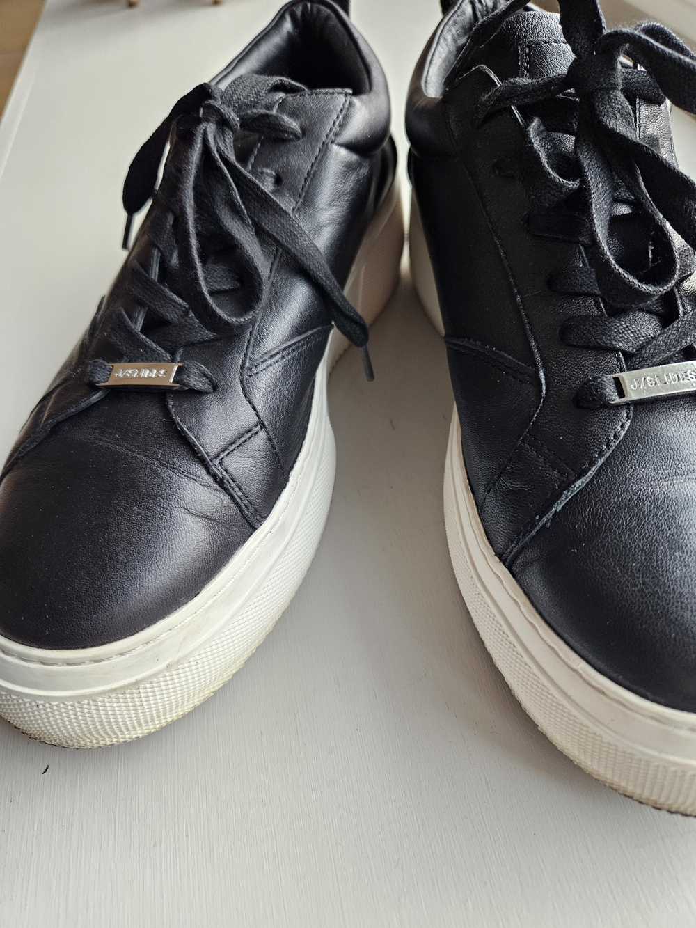 J Slides Black Leather Sneakers with Cream Platform